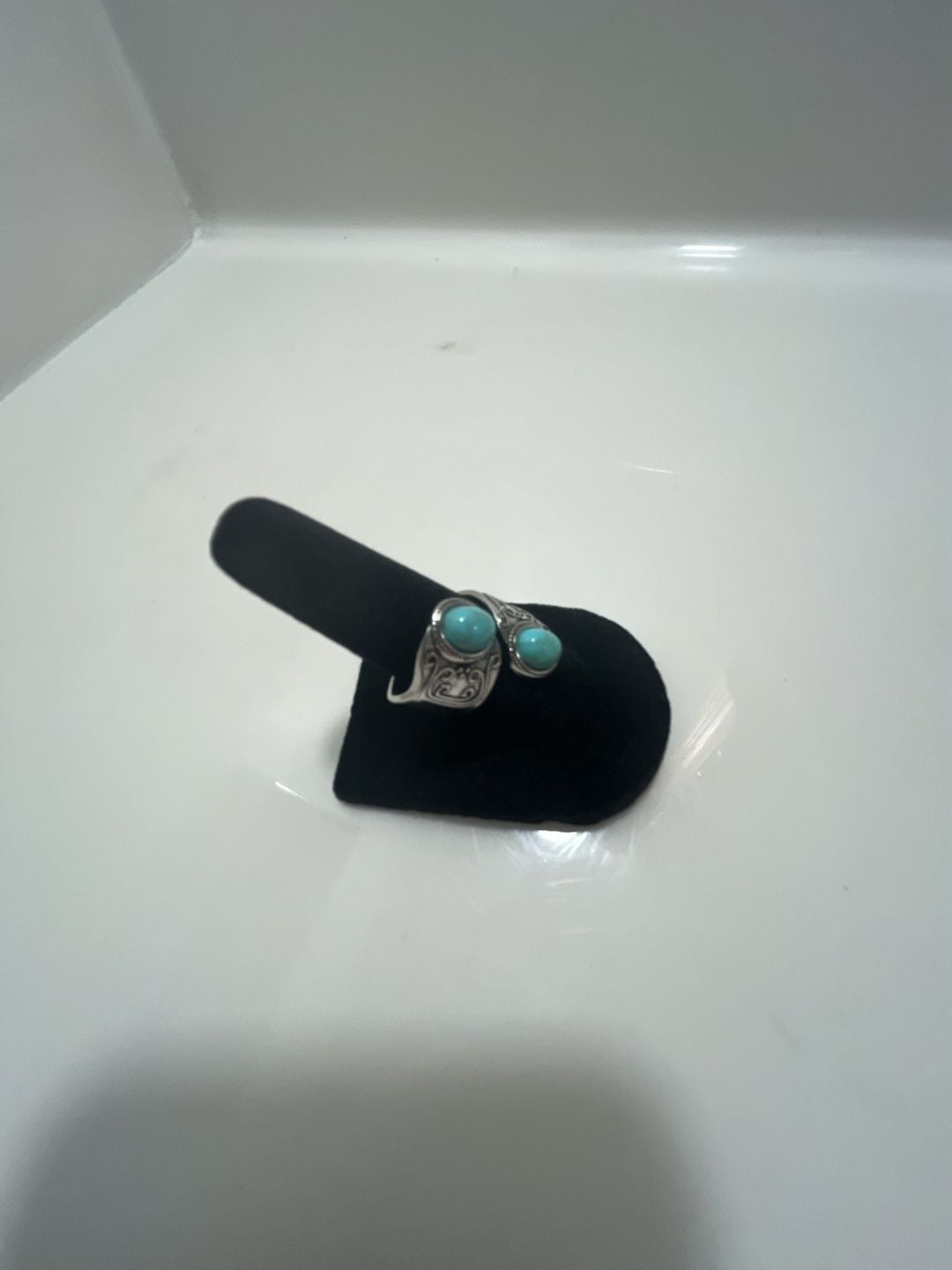 Turquoise Sterling Silver Two Stone Scroll Motif Bypass Ring 11
