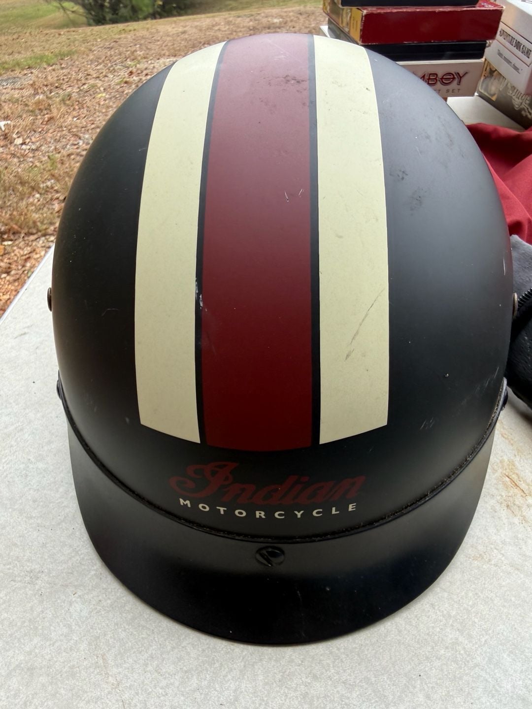 Indian Motorcycle Half Helmet Matte Black with Red Cream Stripes 3