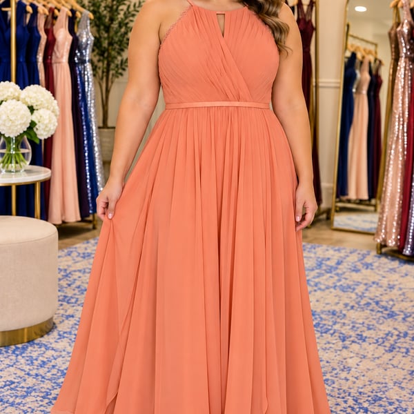 Azazie Coral Peach Chiffon Pleated Plus Size Formal Bridesmaid Evening Gown 