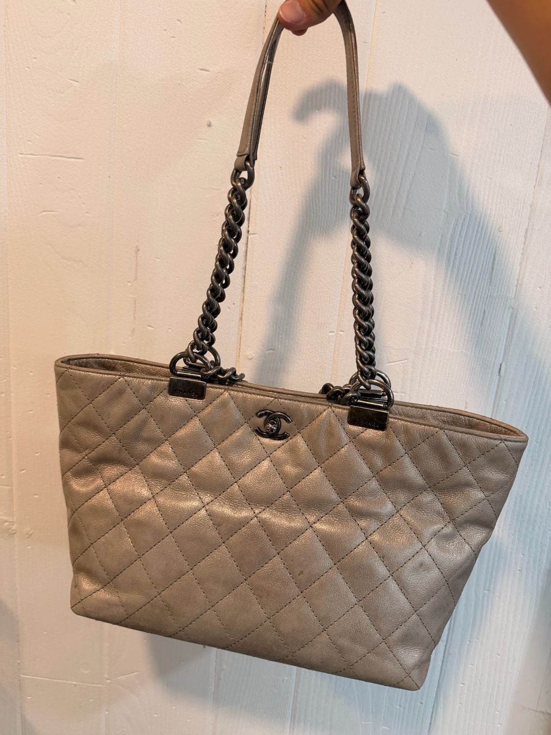 Chanel Shopping In Chains Tote Grey Quilted Glazed Calfskin Leather 2