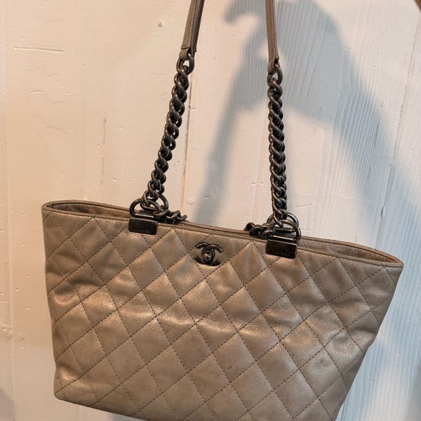 Chanel Shopping In Chains Tote Grey Quilted Glazed Calfskin Leather
