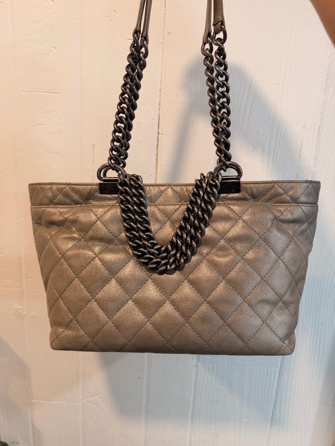 Chanel Shopping In Chains Tote Grey Quilted Glazed Calfskin Leather 4
