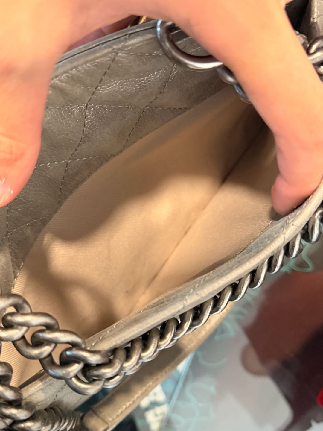 Chanel Shopping In Chains Tote Grey Quilted Glazed Calfskin Leather 11