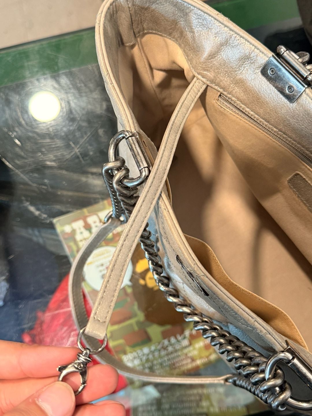 Chanel Shopping In Chains Tote Grey Quilted Glazed Calfskin Leather 12