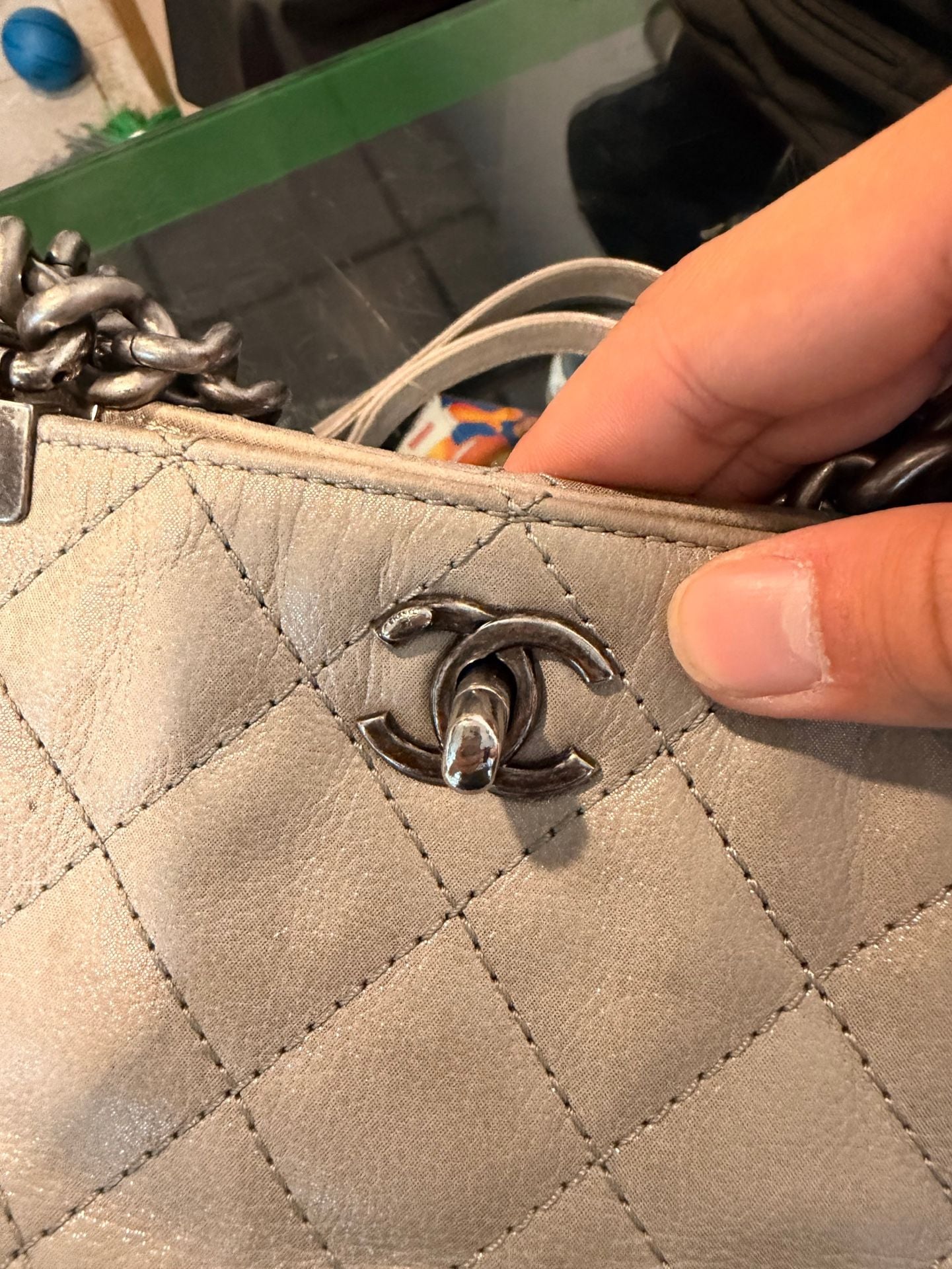 Chanel Shopping In Chains Tote Grey Quilted Glazed Calfskin Leather 6