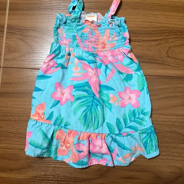 Gymboree Tropical Smocked Ruffle Dress Size 6-9M Blue Floral