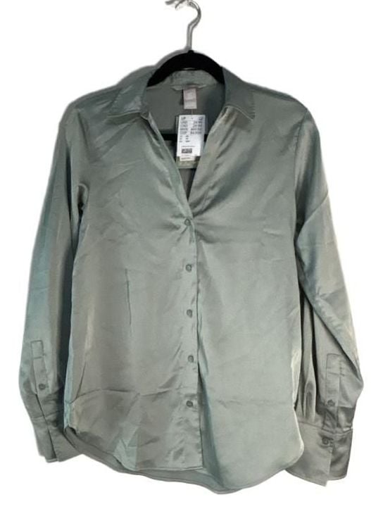 H&M Satin Long Sleeve Button-Down Shirt Size XS Sage Green New 3