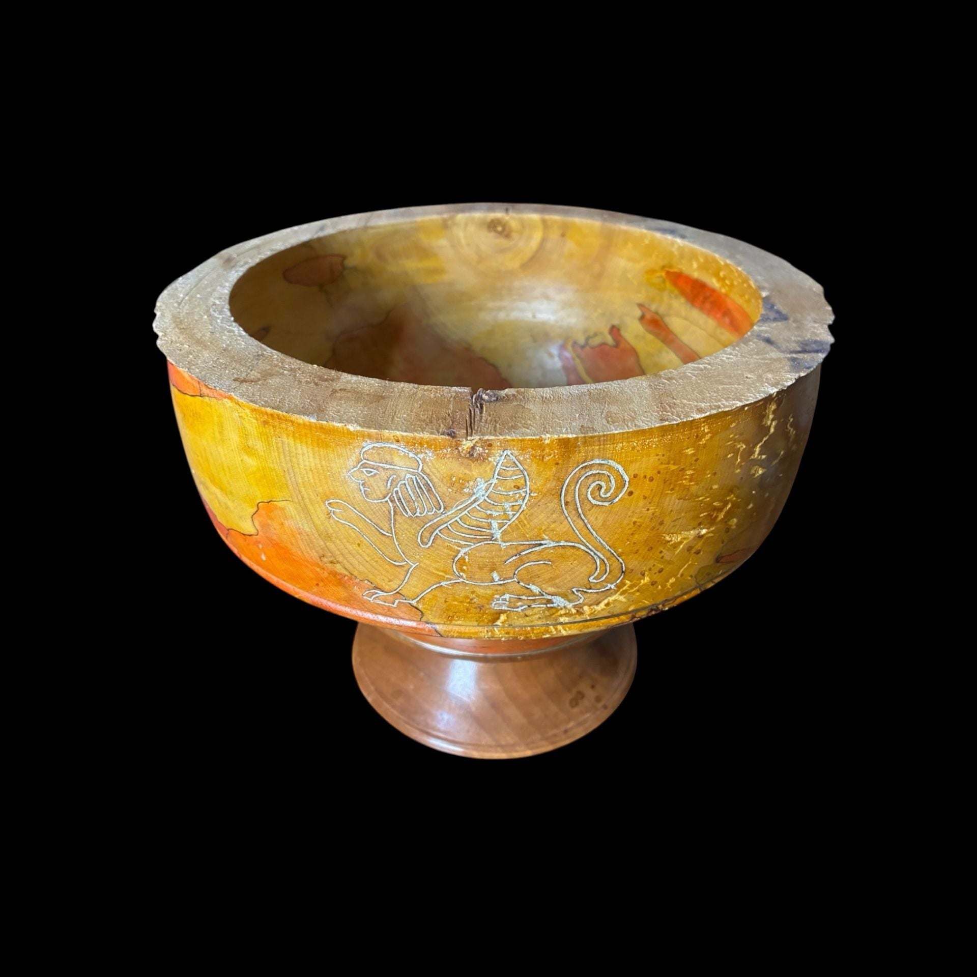 Dave Gahimer Wood Art Bowl Etruscan Sunset 12" Hand Decorated Footed 1