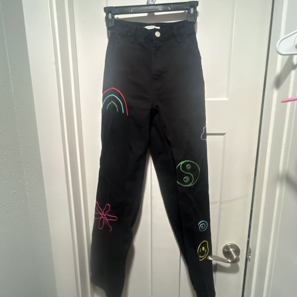 PacSun 90's Boyfriend Carpenter Jeans Size 22 Black Graphic Embroidered