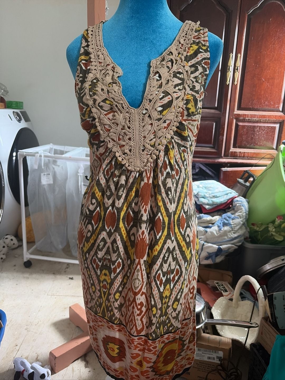 As U Wish Dress Size M Multicolor Boho Ikat Print Crochet Neck Sleeveless 2