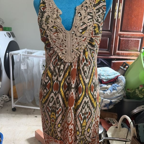 As U Wish Dress Size M Multicolor Boho Ikat Print Crochet Neck Sleeveless