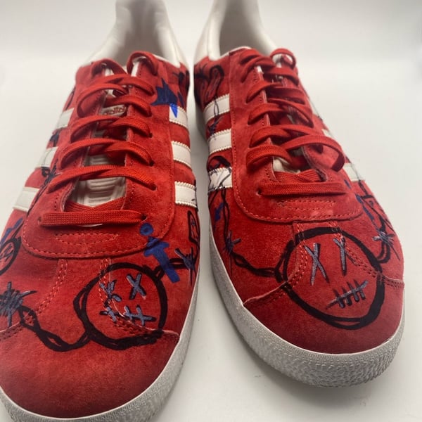 Adidas Gazelle Size 12 Red White Custom Doodled Suede Sneakers (DS1044)