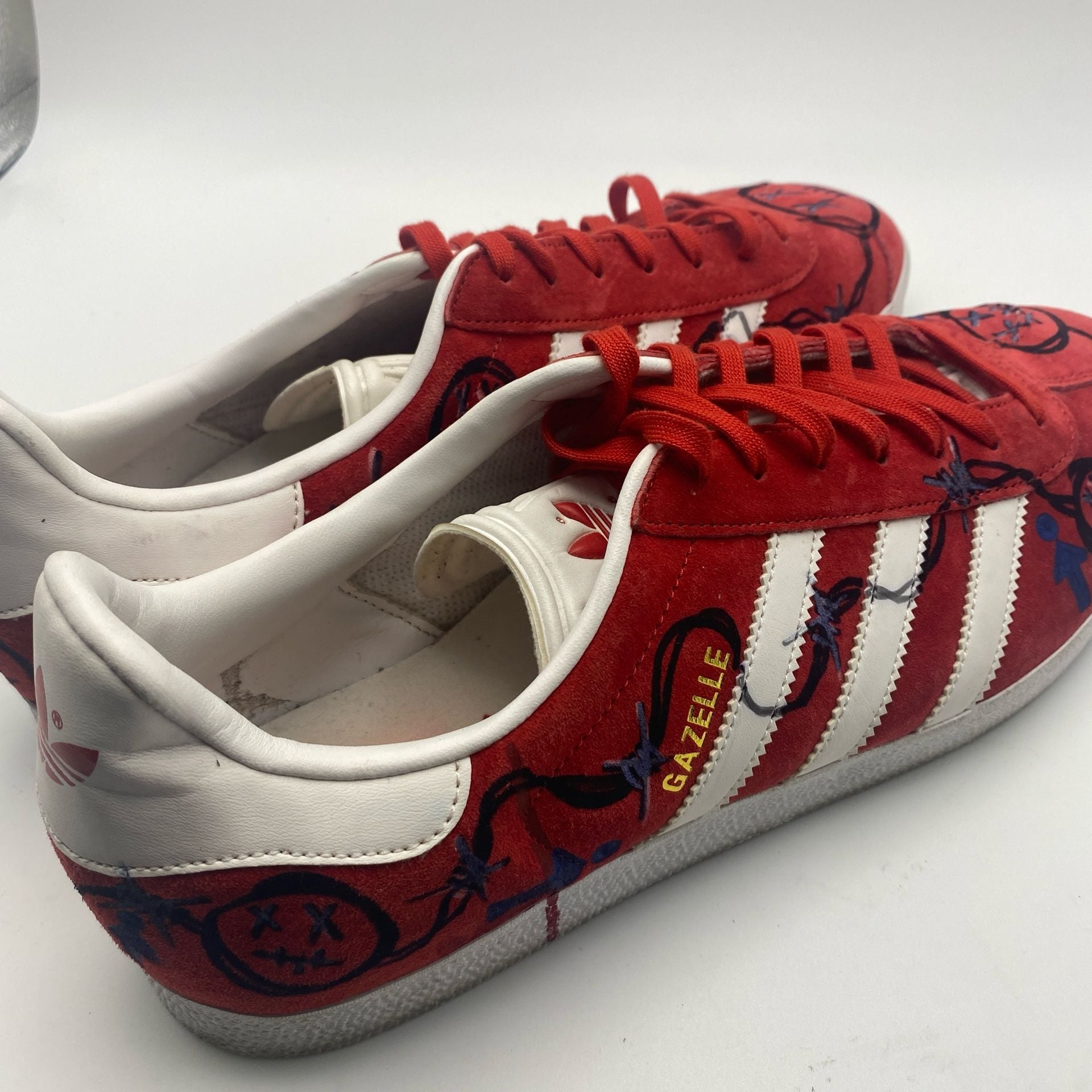 Adidas Gazelle Size 12 Red White Custom Doodled Suede Sneakers (DS1044) 8