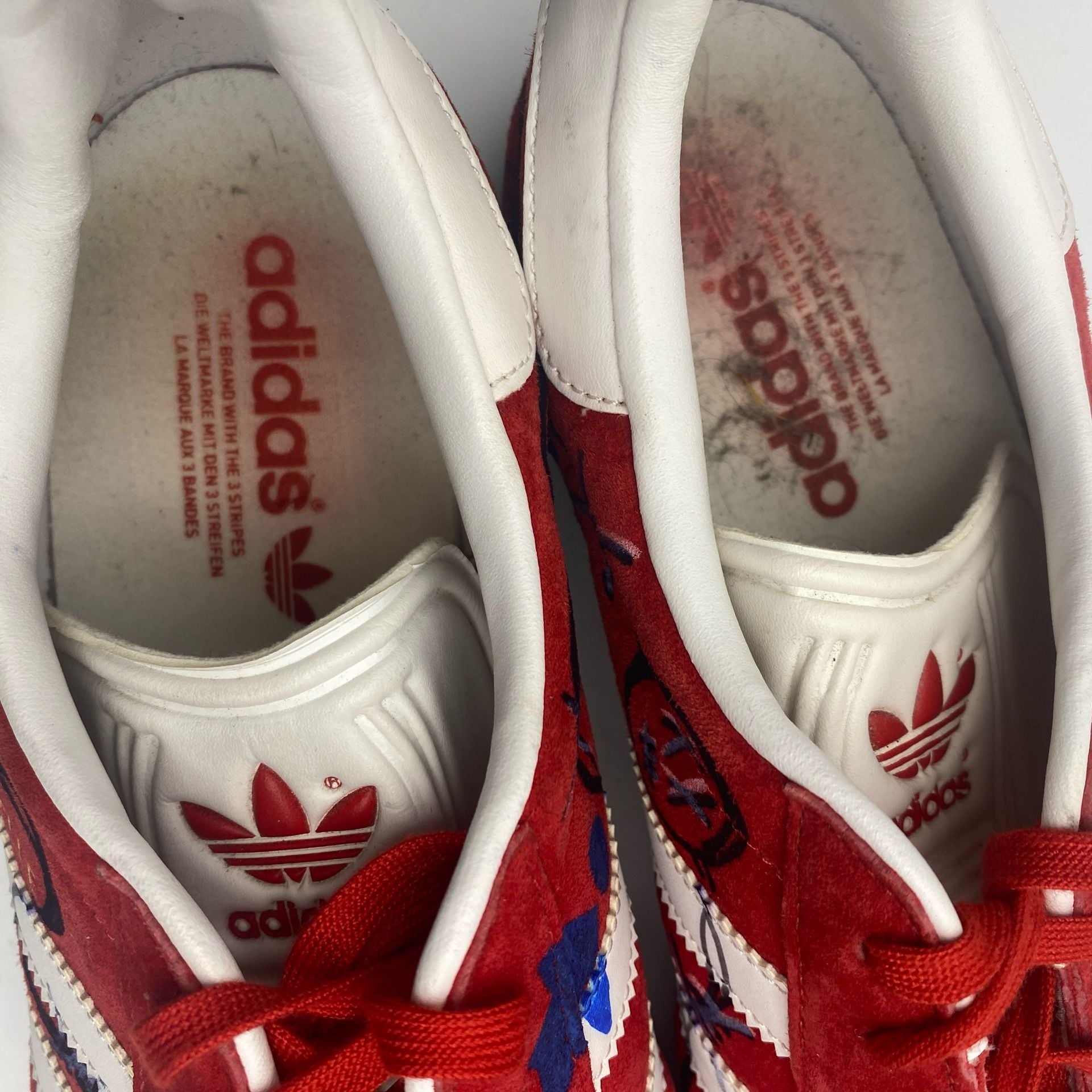 Adidas Gazelle Size 12 Red White Custom Doodled Suede Sneakers (DS1044) 10