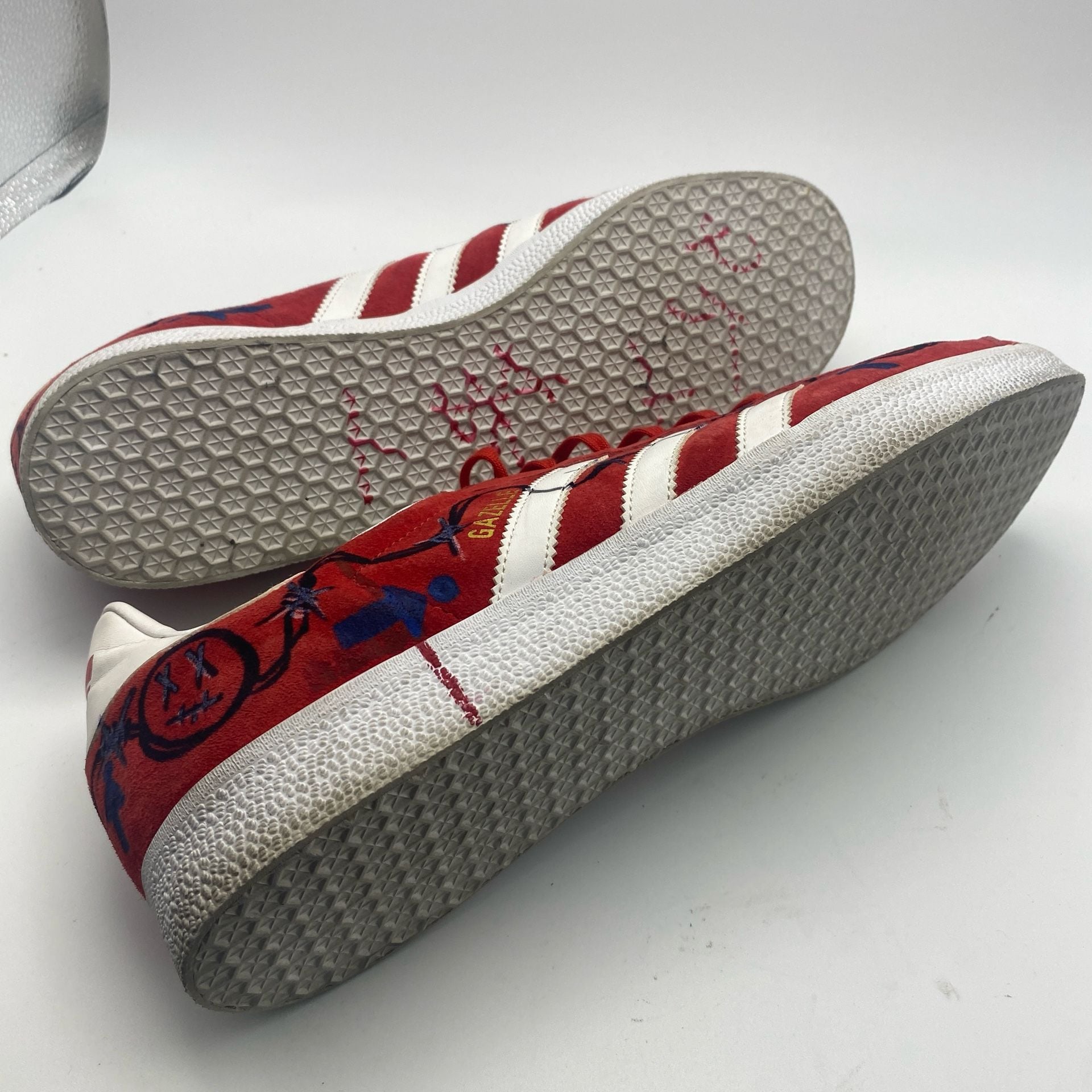 Adidas Gazelle Size 12 Red White Custom Doodled Suede Sneakers (DS1044) 11