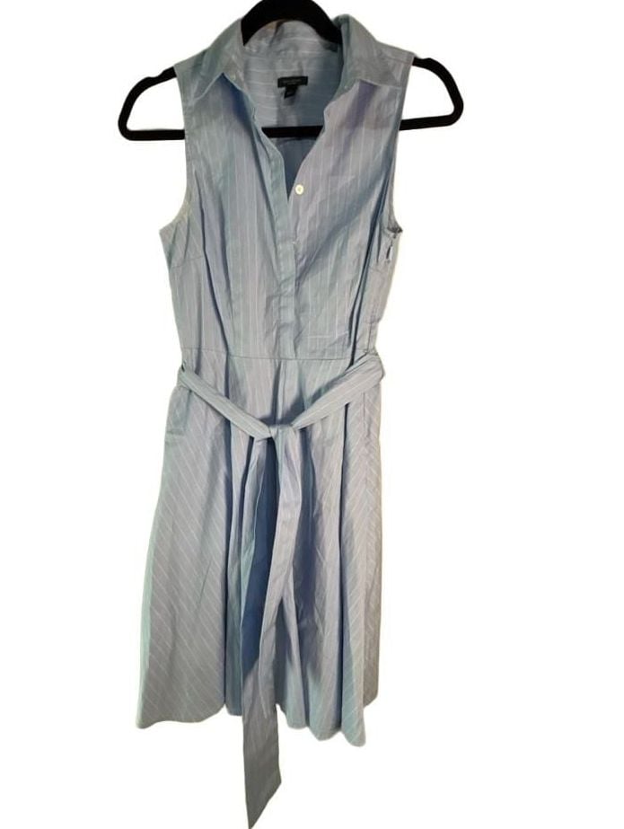 Ann Taylor Factory Pinstripe Shirtdress Size 0 Blue Sleeveless Belt 4