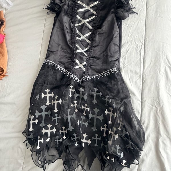 Dark Angel Witch Bride Costume Black Silver Cross Dress girls 14-16