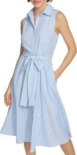 Ann Taylor Factory Pinstripe Shirtdress Size 0 Blue Sleeveless Belt 2