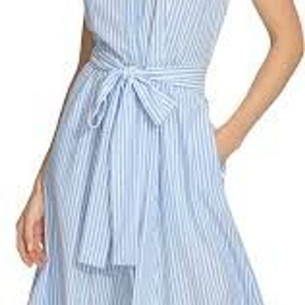Ann Taylor Factory Pinstripe Shirtdress Size 0 Blue Sleeveless Belt