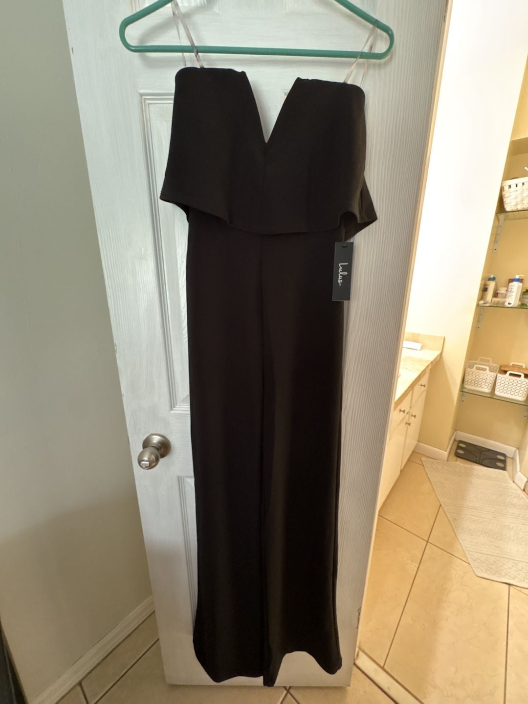 Lulus Jumpsuit Size S Black Strapless V-Notch Overlay Wide Leg 2