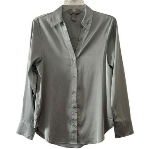 H&M Satin Long Sleeve Button-Down Shirt Size XS Sage Green New 2