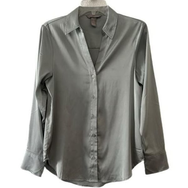 H&M Satin Long Sleeve Button-Down Shirt Size XS Sage Green New