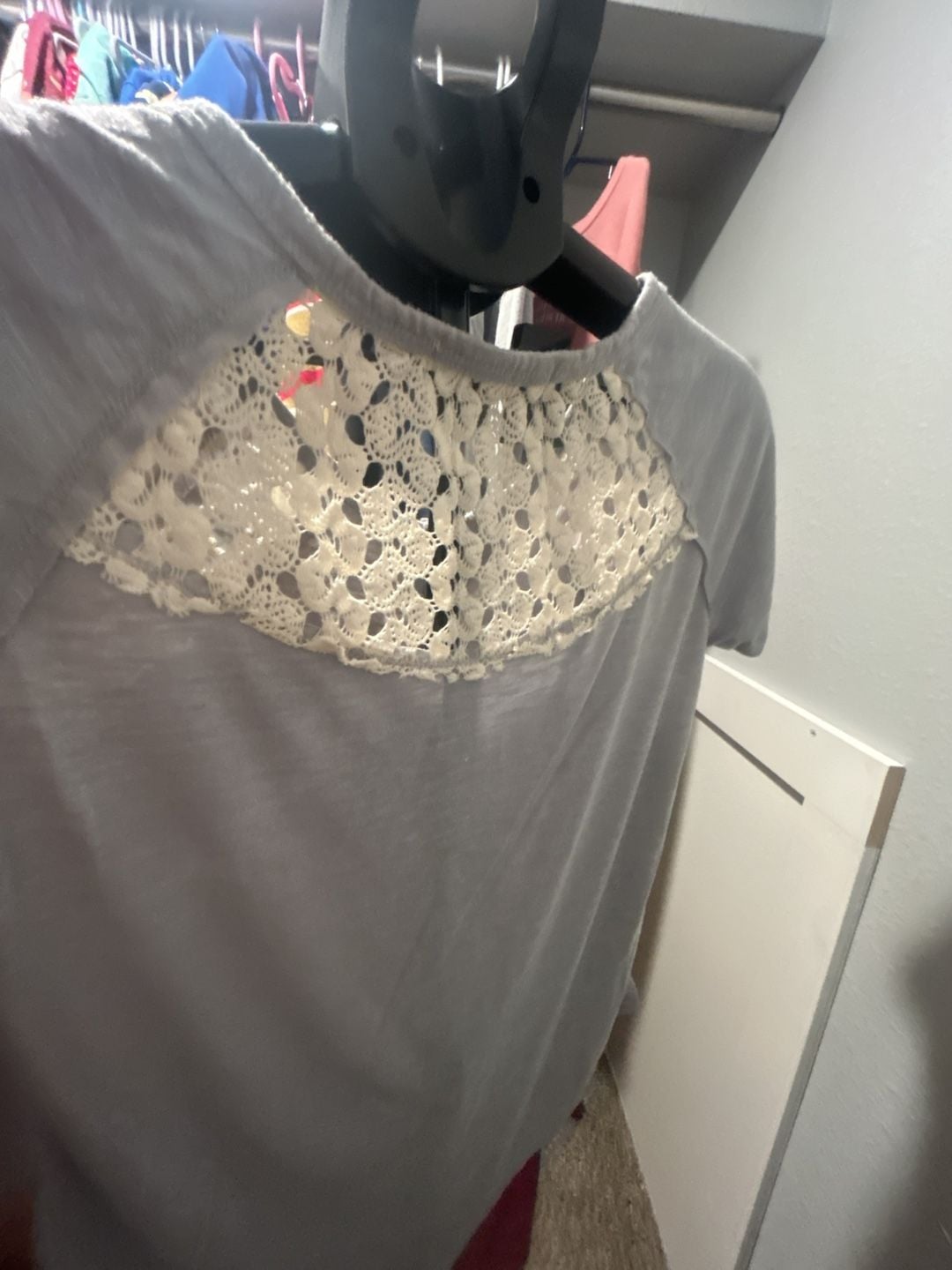 Demeanor Lace Yoke T-Shirt Size M Gray Short Sleeve Button Top 4