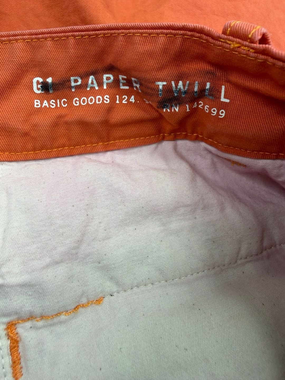 G1 Paper Twill Basic Goods Shorts Orange Cotton Sz. 31 Men’s 6