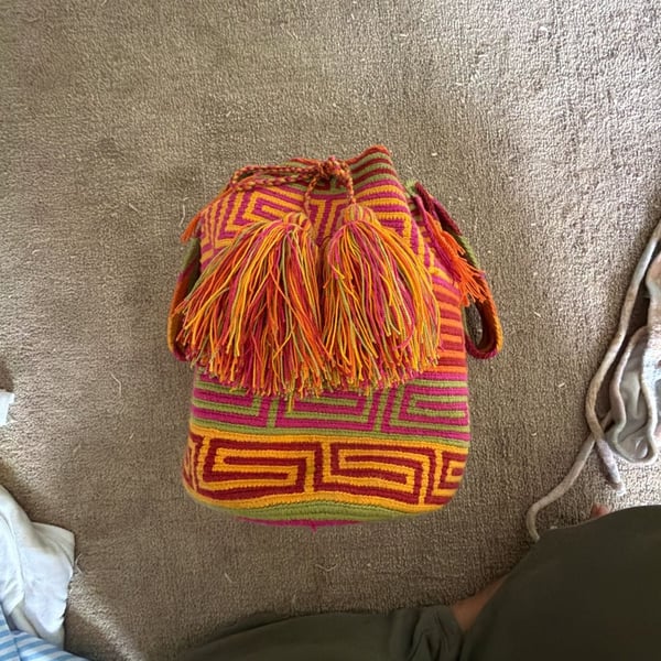 Wayuu Mochila Handbag Crochet Drawstring Bucket Bag Pink Orange Yellow