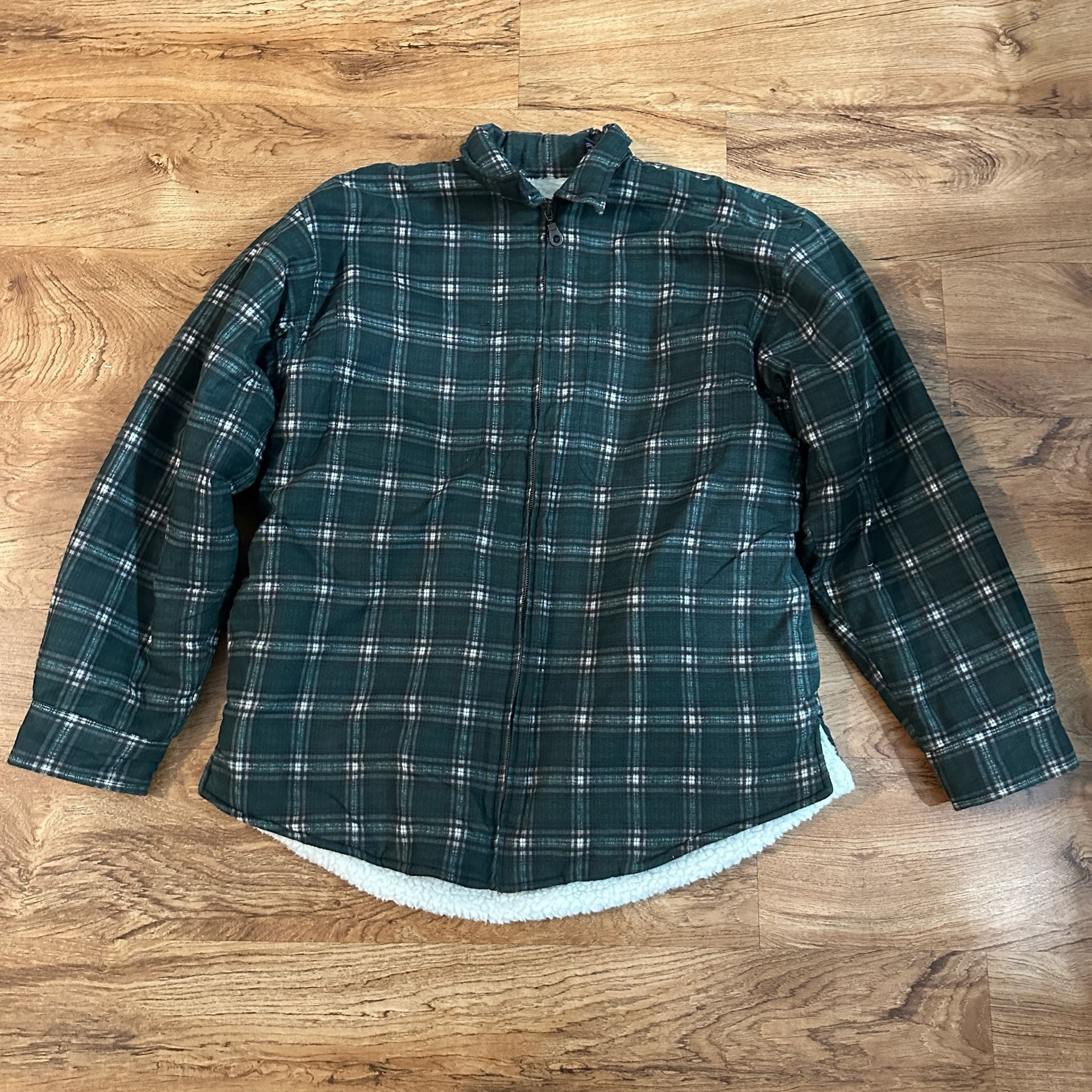 American Culture Zip Plaid Flannel Shirt Size L Green Sherpa Lined 2
