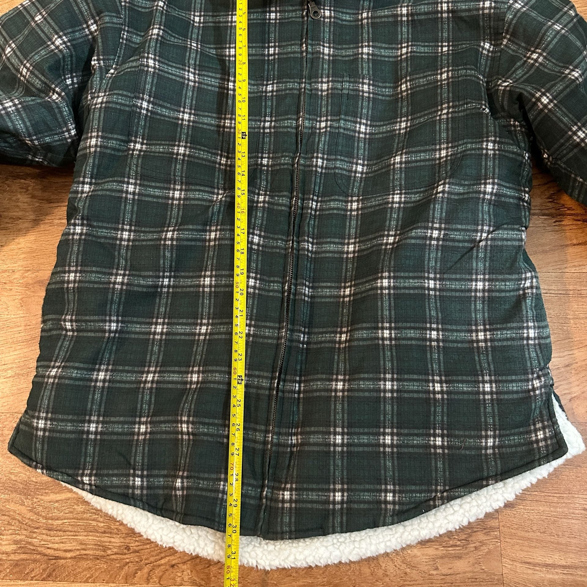 American Culture Zip Plaid Flannel Shirt Size L Green Sherpa Lined 4