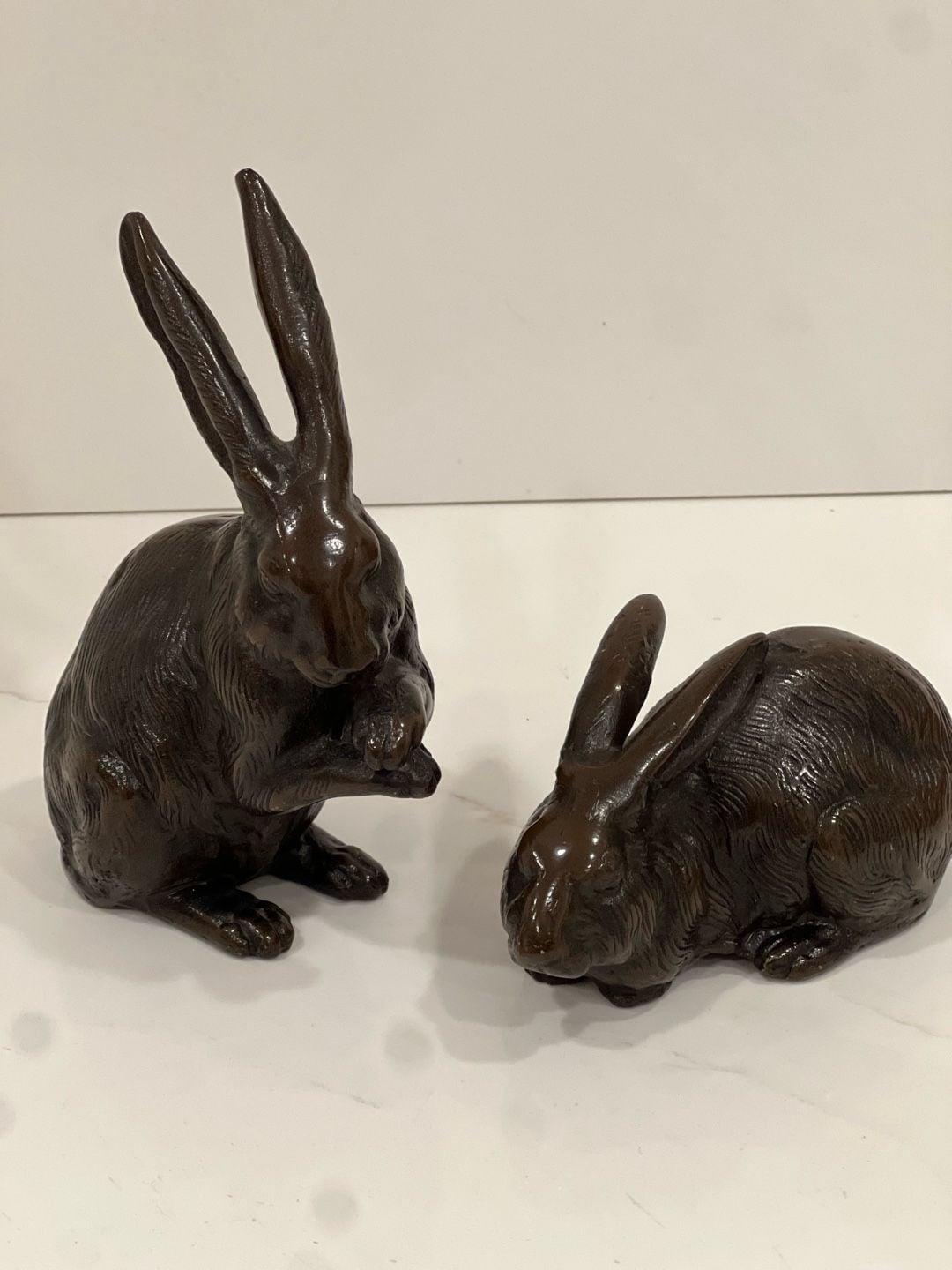 Vintage Cast Bronze Rabbit Pair Sculptures Statues 3