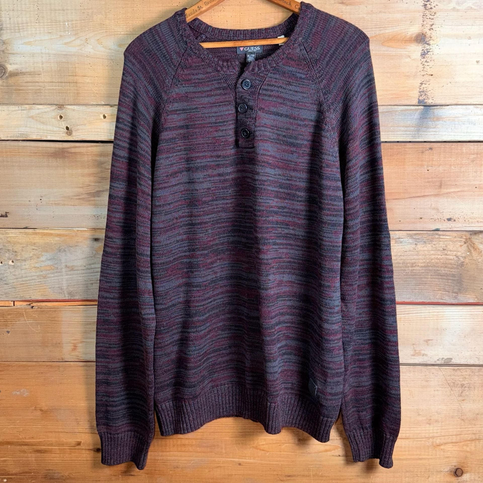 Guess Henley Sweater Size XL Maroon Black Striped Knit Pullover 2