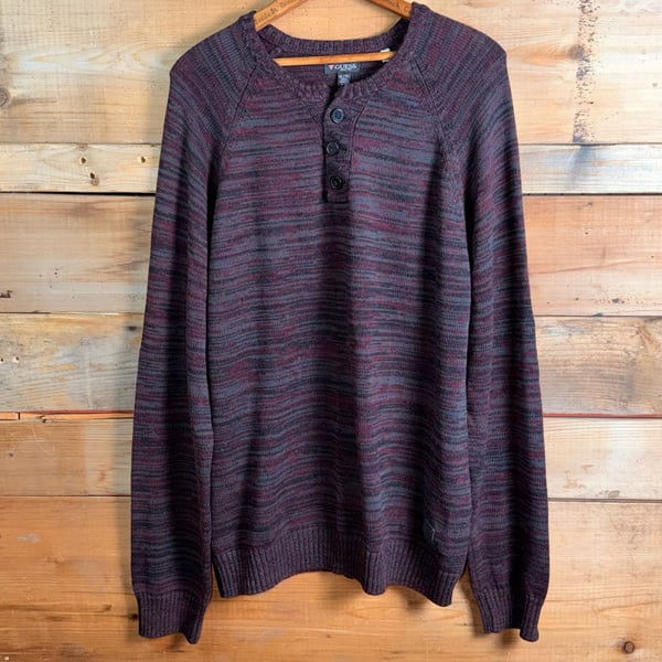 Guess Henley Sweater Size XL Maroon Black Striped Knit Pullover