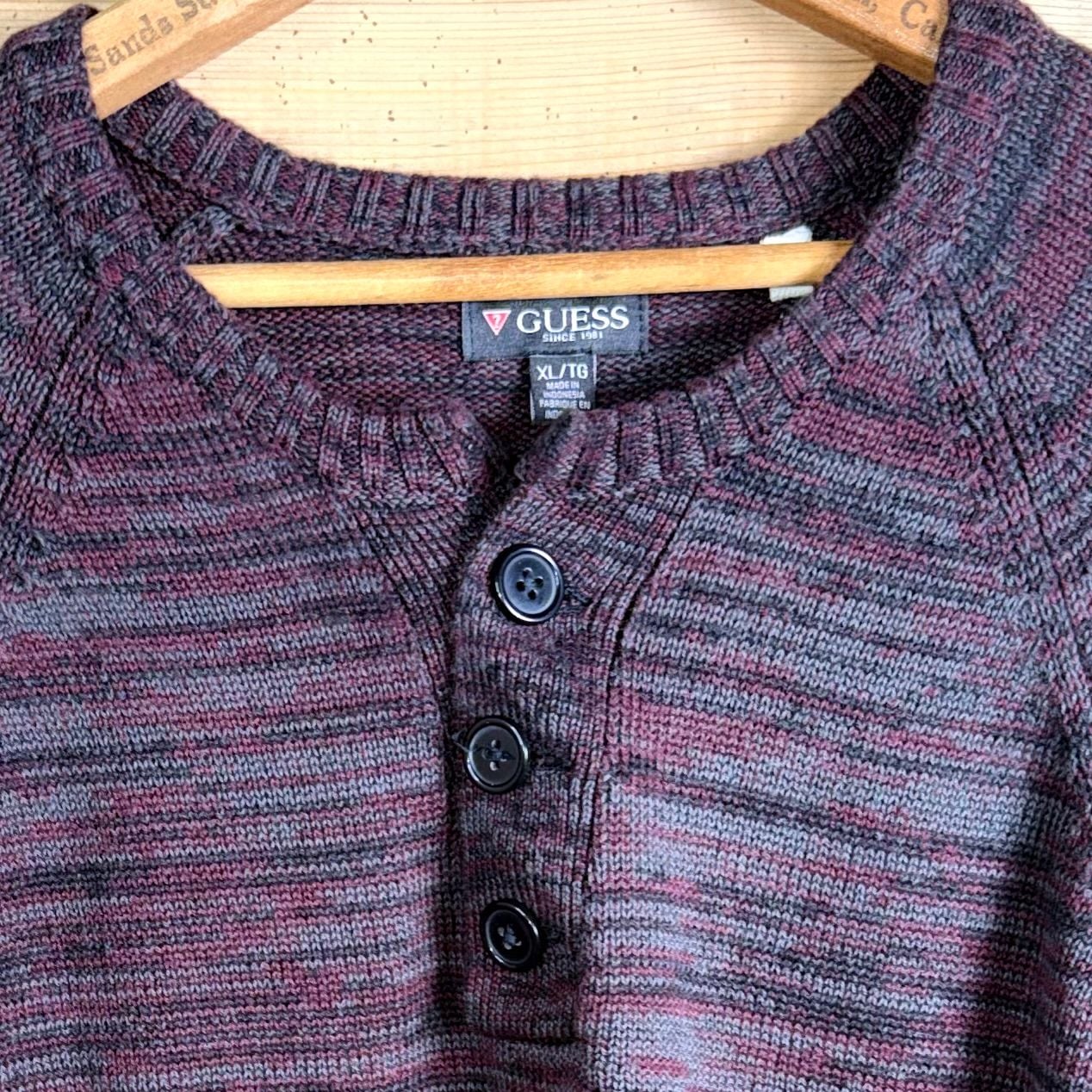 Guess Henley Sweater Size XL Maroon Black Striped Knit Pullover 4