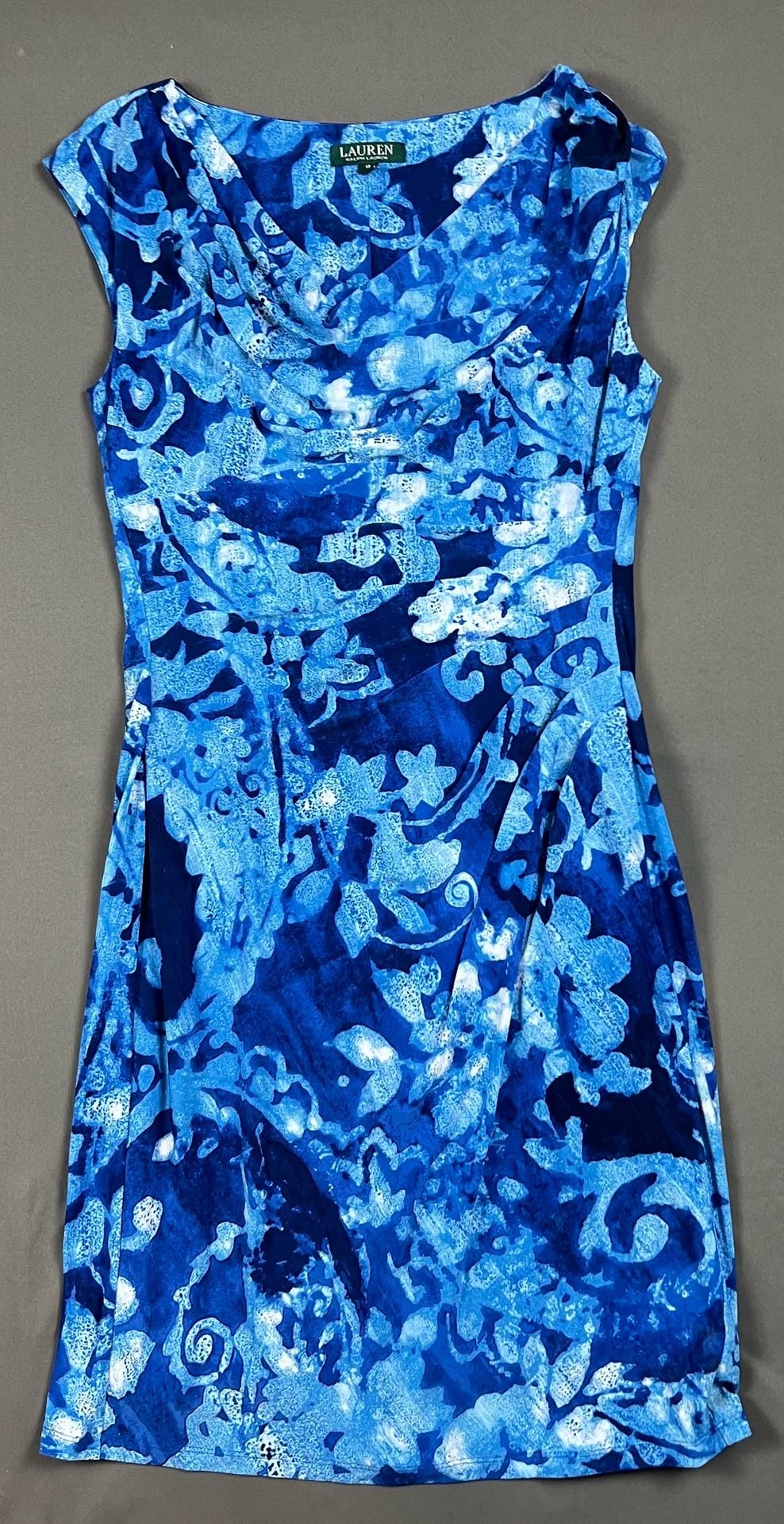Lauren Ralph Lauren Dress Size 12 Blue Floral Cowl Neck Sleeveless 1