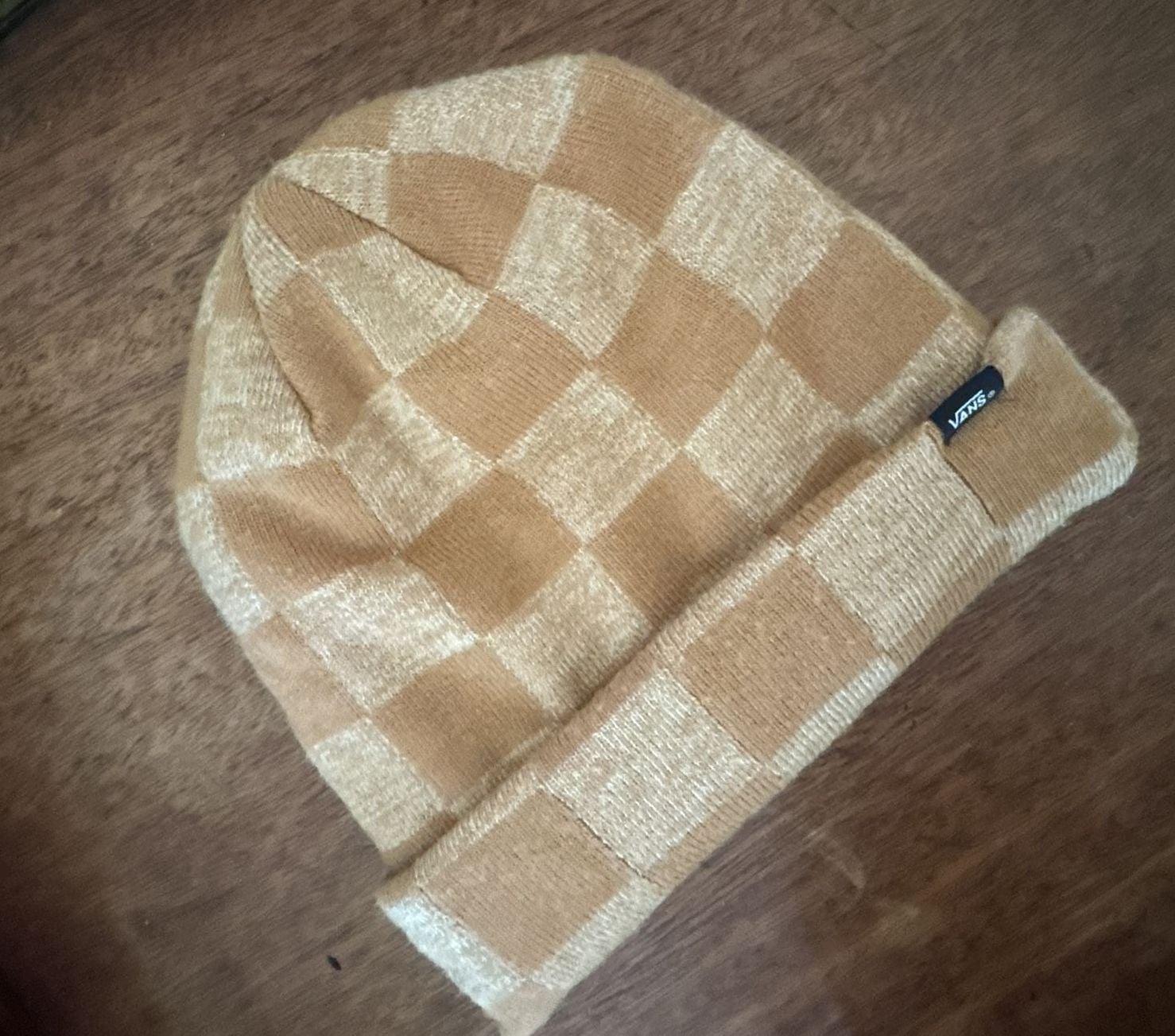 Vans Checkered Beanie Hat Brown Tan Knit Cuffed Logo Winter 1