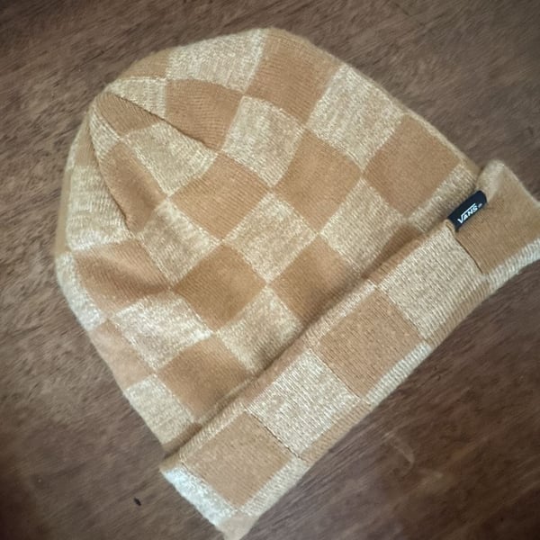 Vans Checkered Beanie Hat Brown Tan Knit Cuffed Logo Winter