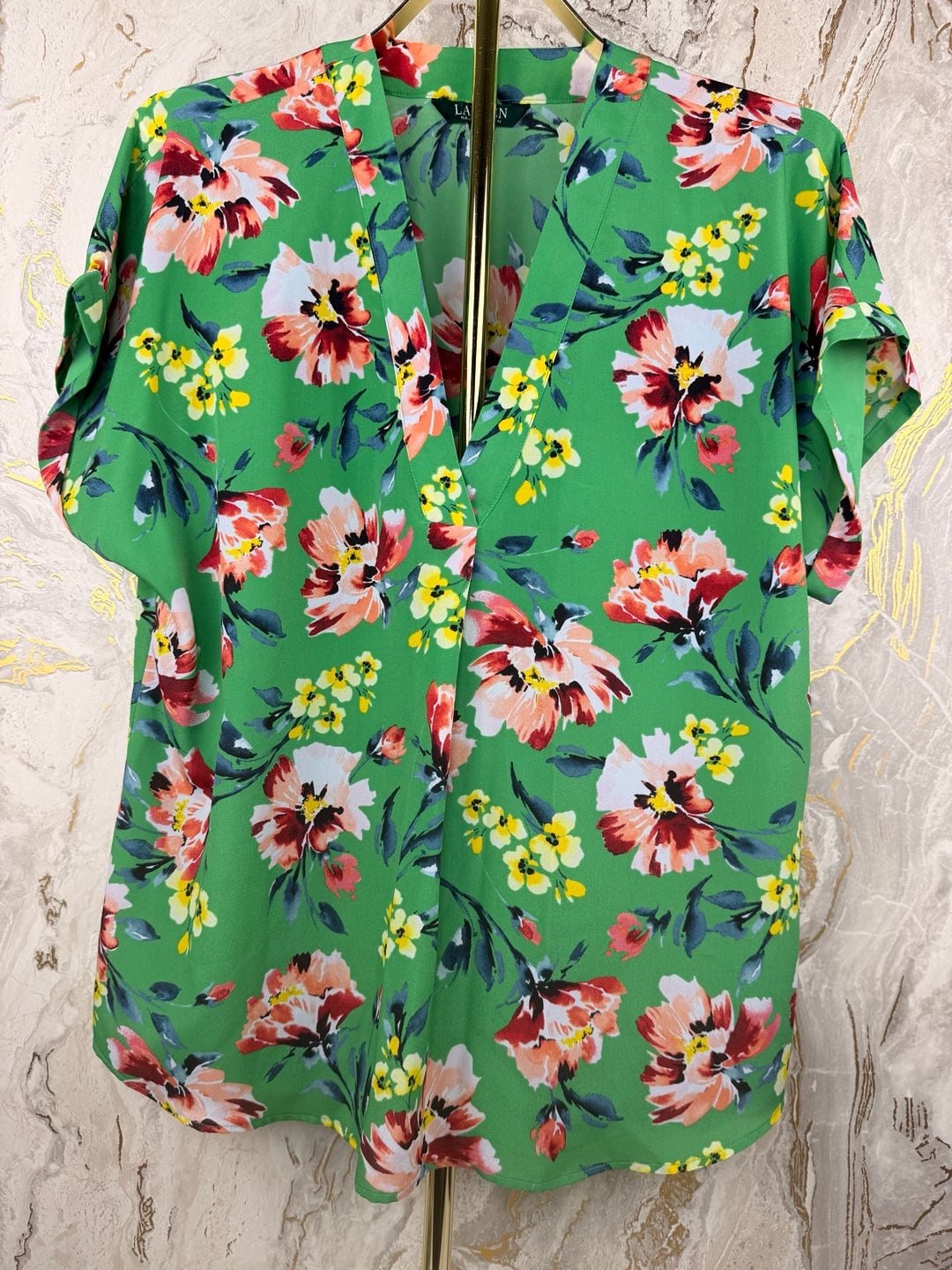 Lauren Ralph Lauren Floral Blouse Size XL Green V-Neck Short Sleeve Top 4