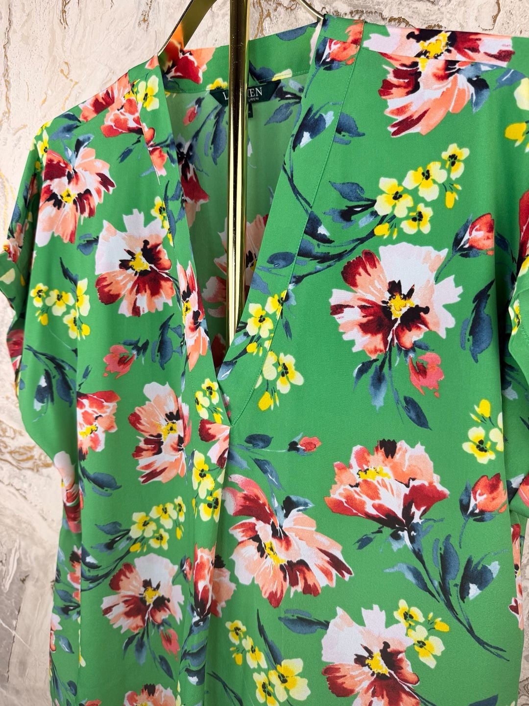 Lauren Ralph Lauren Floral Blouse Size XL Green V-Neck Short Sleeve Top 5