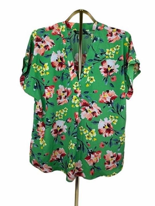 Lauren Ralph Lauren Floral Blouse Size XL Green V-Neck Short Sleeve Top 2