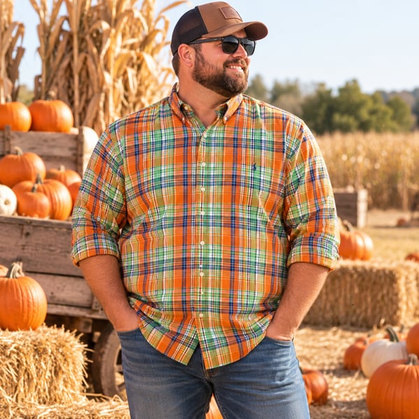 Ralph Lauren Men’s 2XB Plaid Button Down Shirt Orange Green Preppy Fall Classic