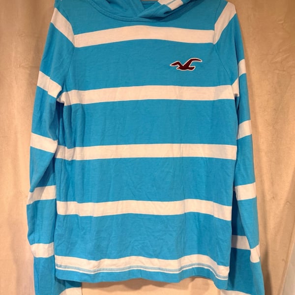 Hollister Striped Long Sleeve Hoodie Size L Blue White