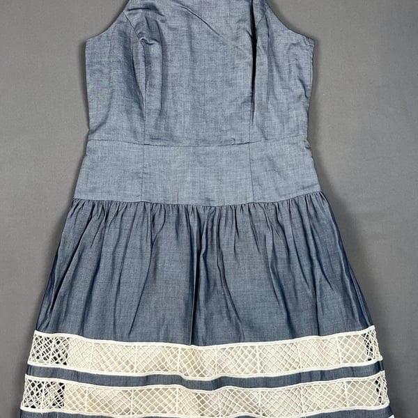Ann Taylor Tiered Lace Chambray Dress Size 4 Blue Cotton