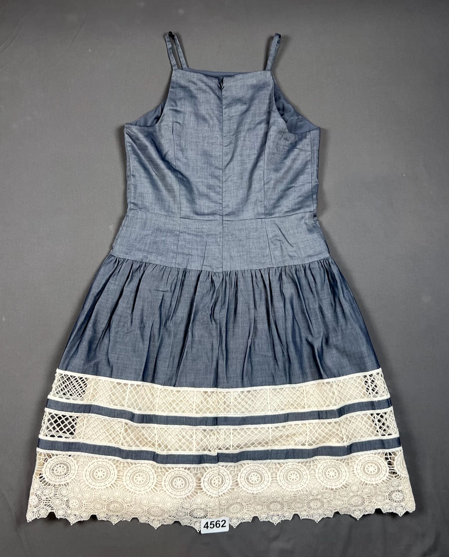 Ann Taylor Tiered Lace Chambray Dress Size 4 Blue Cotton 8
