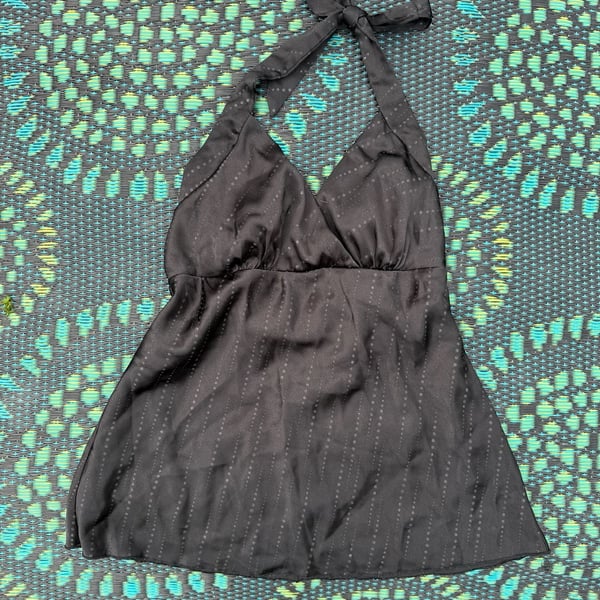 dressbarn Halter Top Size M Black Polka Dot Poly V-Neck Swing