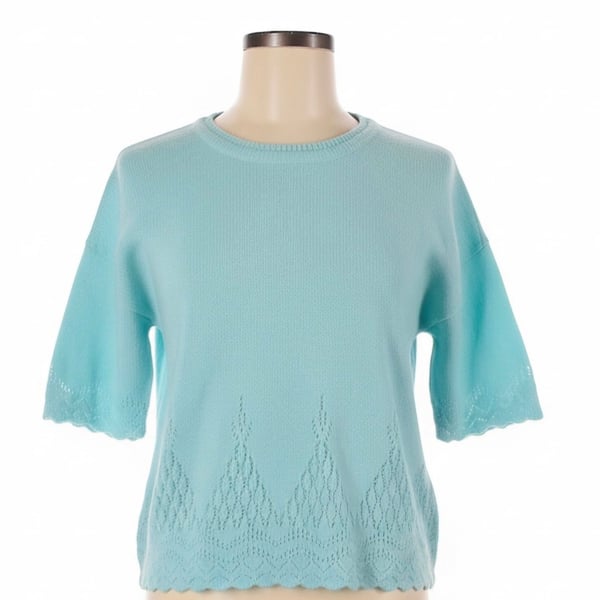 VINTAGE Village Fair Short Sleeve Sweater Aqua Blue Knit Top
