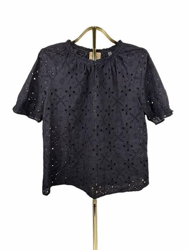 Elie Tahari Eyelet Blouse Size L Black Cotton Viscose Short Sleeve 2