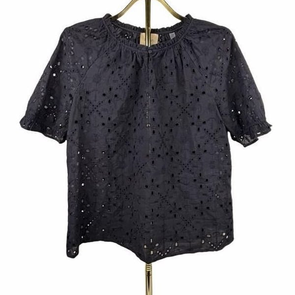 Elie Tahari Eyelet Blouse Size L Black Cotton Viscose Short Sleeve