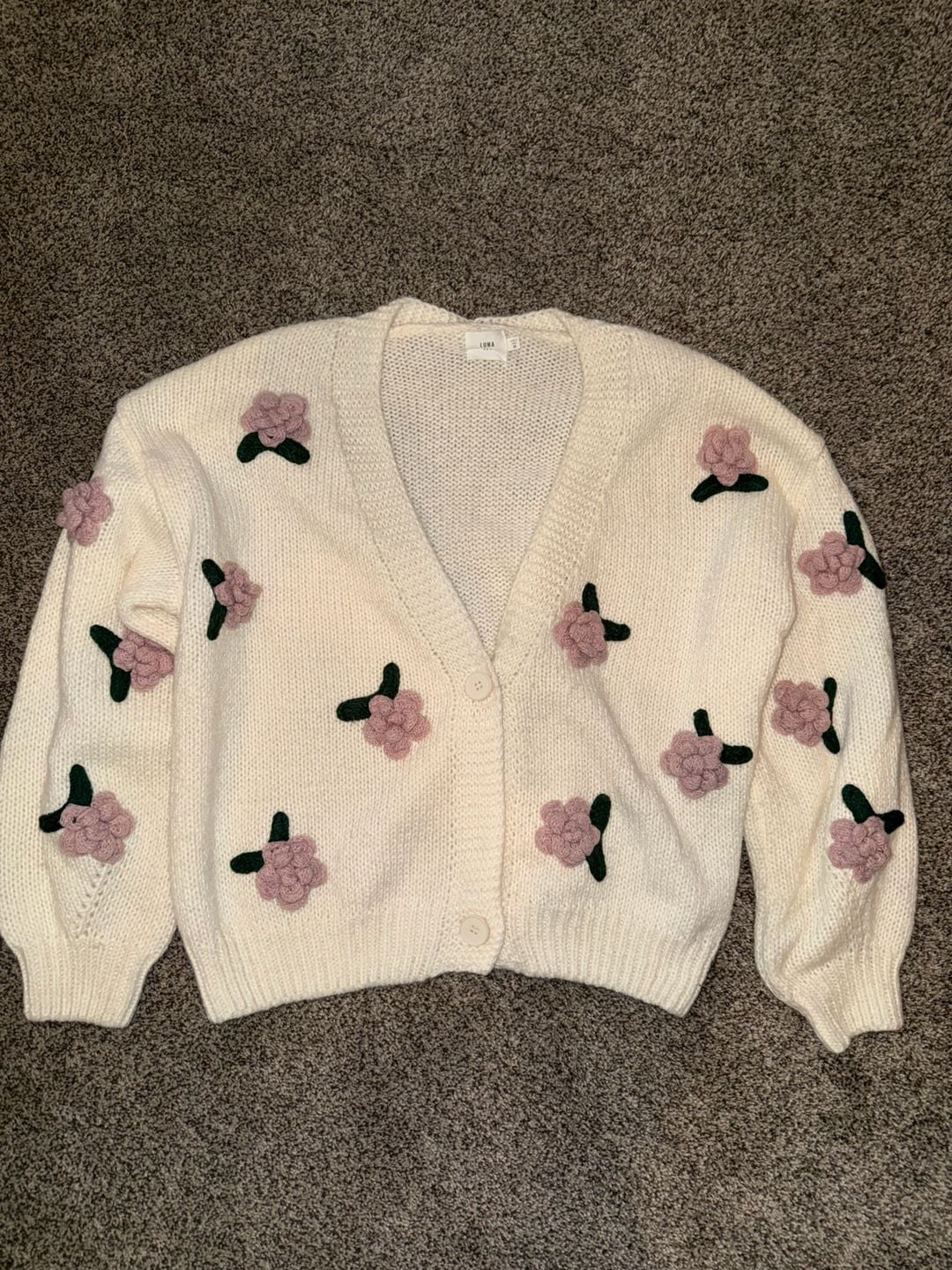Luna Cardigan Size M Cream 3D Floral Applique Knit V-Neck Sweater 2